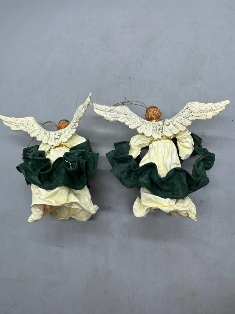 Vintage Angel Christmas Tree Ornament Set Of 2 With Green Gown Gold Accents READ